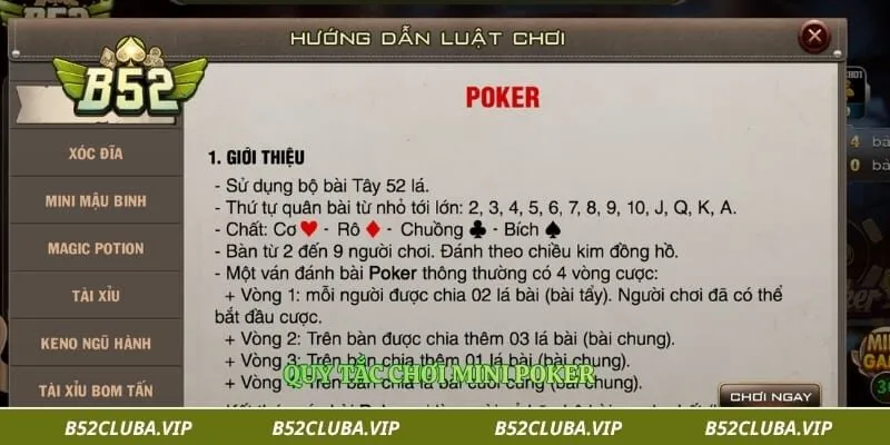 Mini Poker B52 – Trò Chơi Bài Đổi Thưởng Được Yêu Thích 2 Quy tắc chơi mini poker