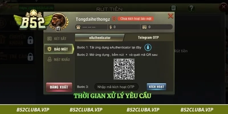 Rút tiền B52 3 Thời gian xử lý yêu cầu